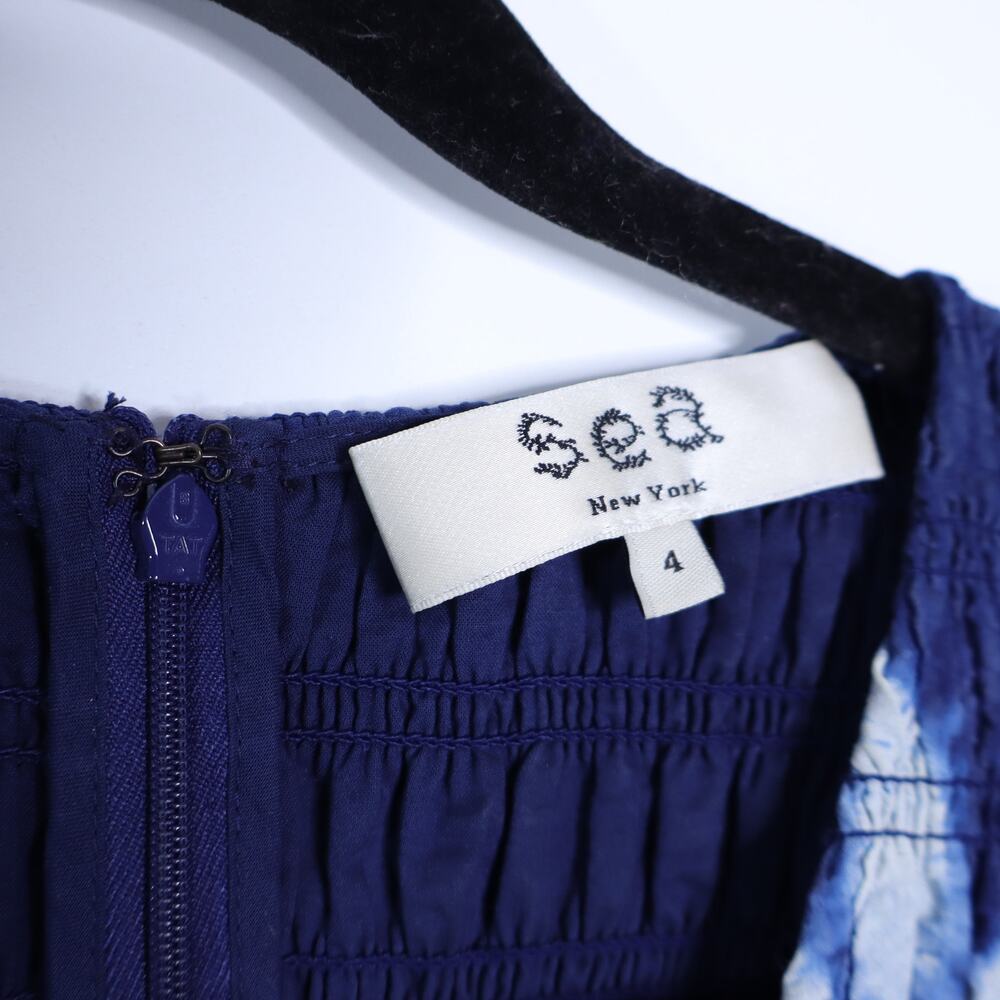SEA Isla Midi Dress Navy Print Smocked Cotton Peasant Flutter Sleeve Women's 4 - Picture 11 of 12
